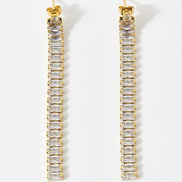 18K Gold Plated Stainless Steel Geometric Simulated Siamond Dangle Earrings - Picture 1 of 1